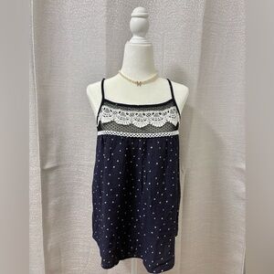 E & M Navy Blue Polka Dot Lace Trim Top Size Small Boho Embroidered Festival
